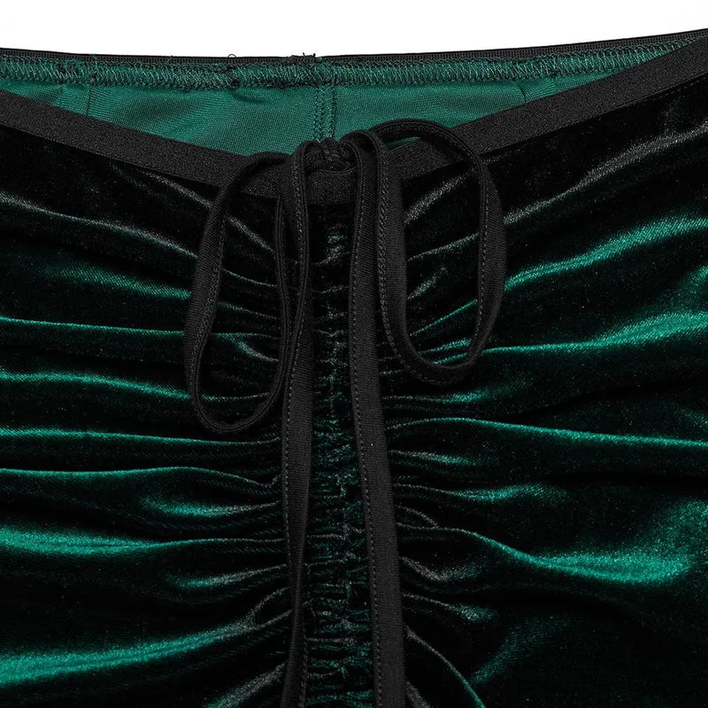 Gothic Schlaghose aus Samt mit Kordelzug in Kontrastfarbe für Damen in Grün