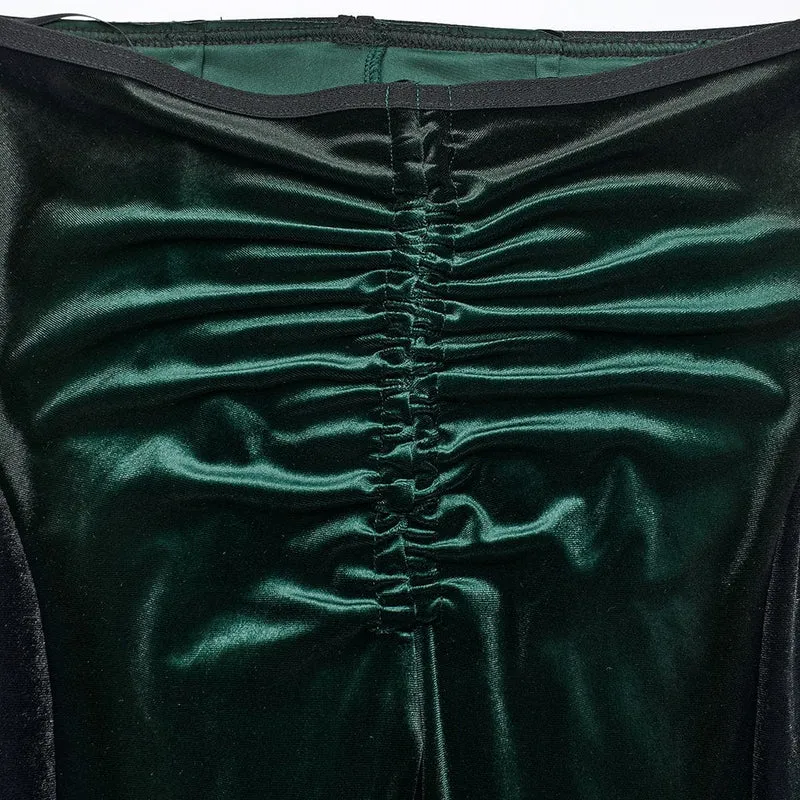 Gothic Schlaghose aus Samt mit Kordelzug in Kontrastfarbe für Damen in Grün