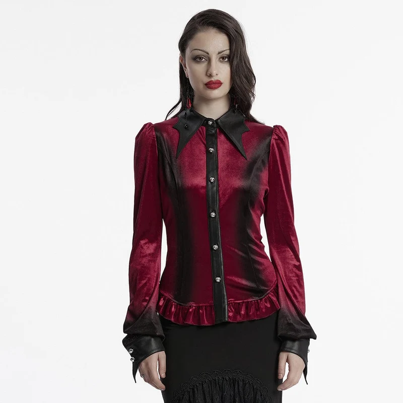 Gothic-Hemd aus Samt mit Puffärmeln und Farbverlauf für Damen in Rot