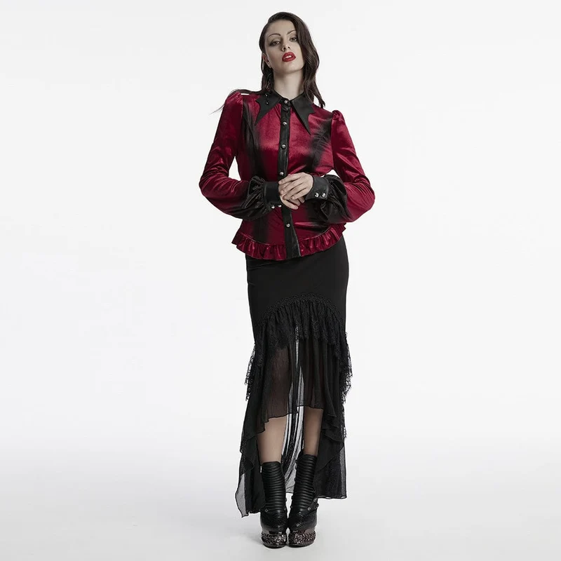 Gothic-Hemd aus Samt mit Puffärmeln und Farbverlauf für Damen in Rot