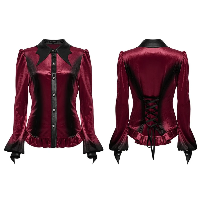 Gothic-Hemd aus Samt mit Puffärmeln und Farbverlauf für Damen in Rot