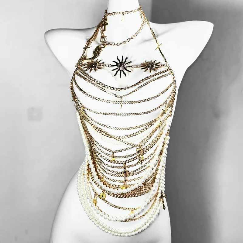 Metal chain beaded halter sun applique top