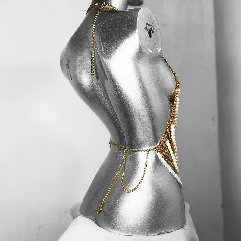 Metal chain beaded halter sun applique top