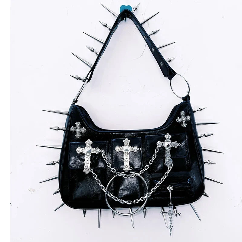 Rhinestone rivet o ring chain handbag