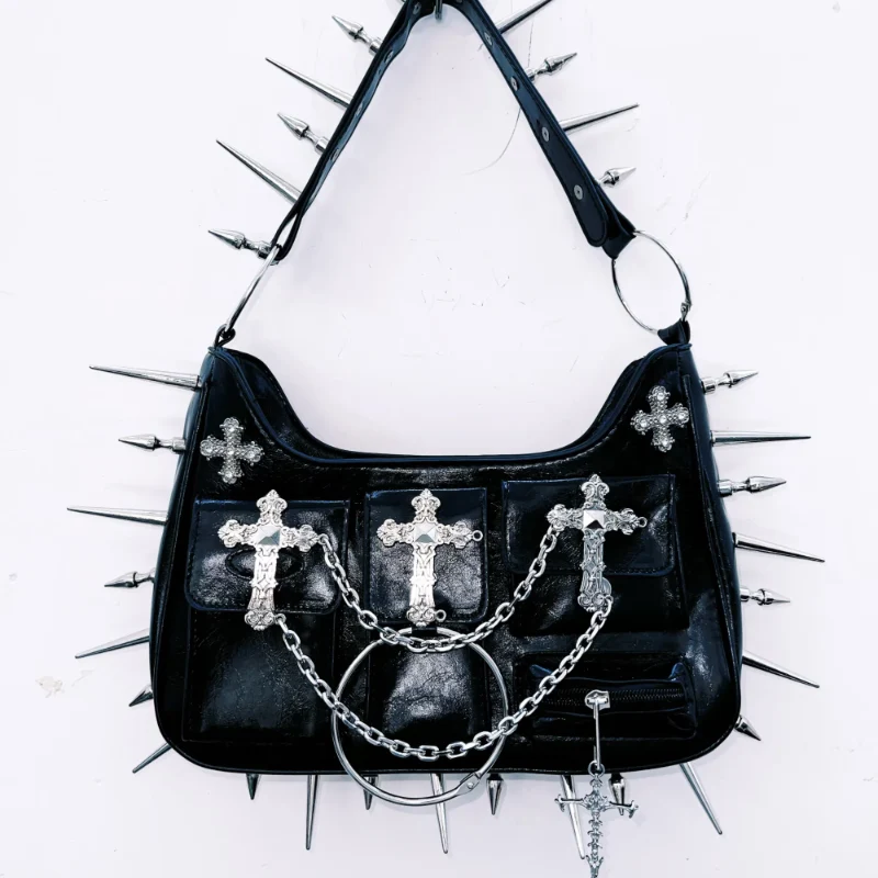 Rhinestone rivet o ring chain handbag