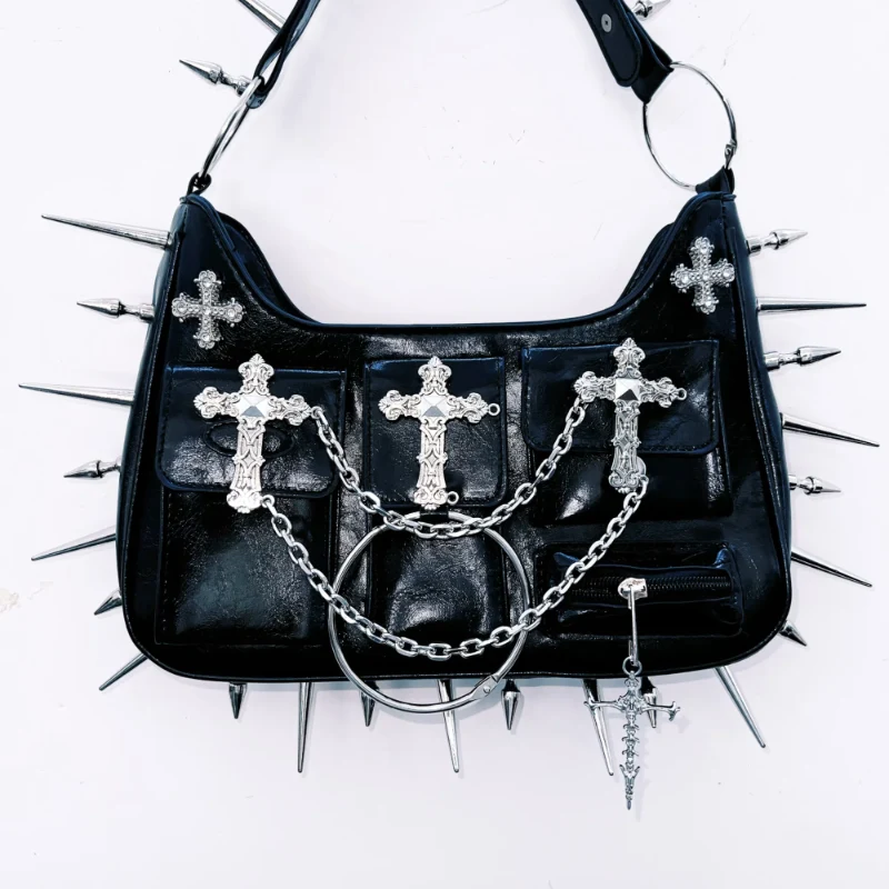 Rhinestone rivet o ring chain handbag