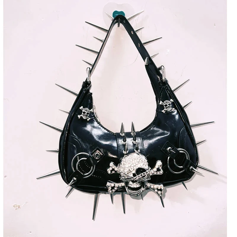 Rhinestone skull applique PU leather handbag