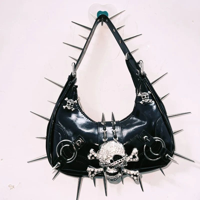 Rhinestone skull applique PU leather handbag