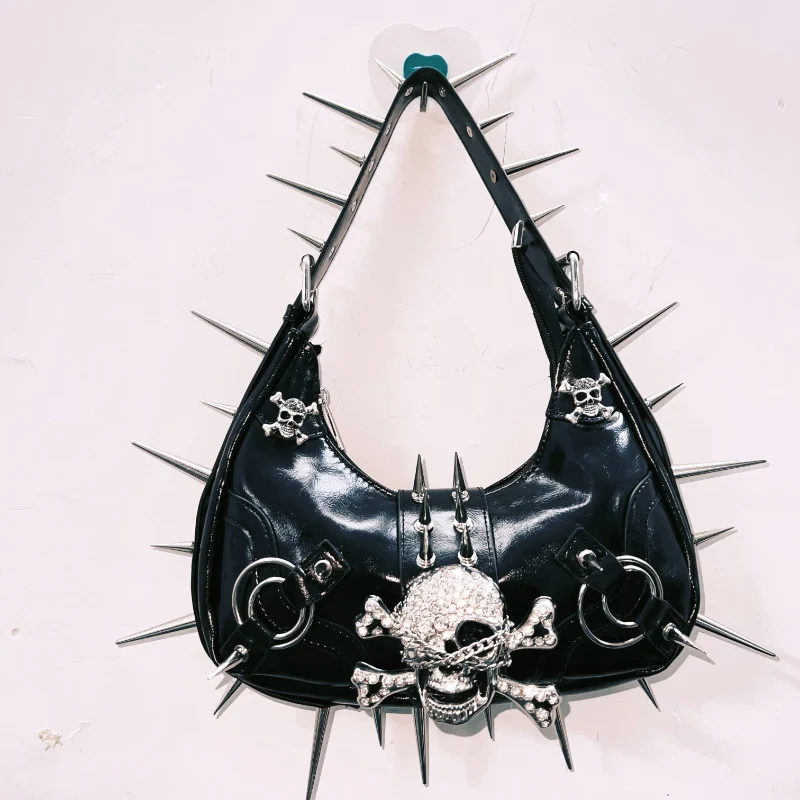 Rhinestone skull applique PU leather handbag