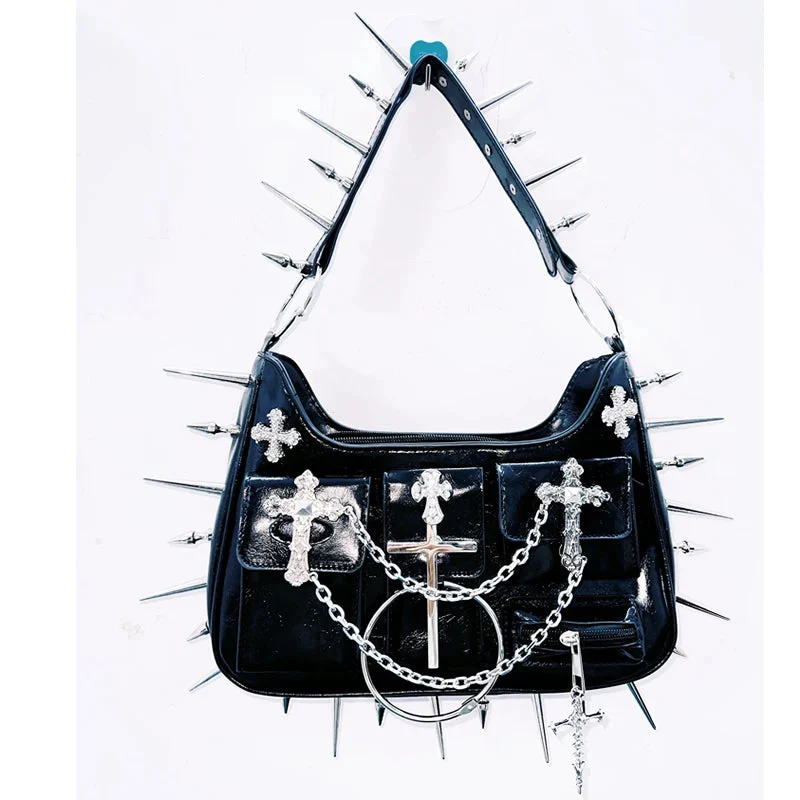 Rhinestone cross applique rivet zip-up handbag