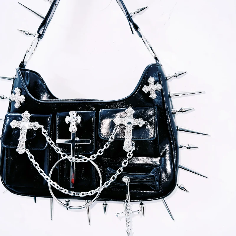 Rhinestone cross applique rivet zip-up handbag