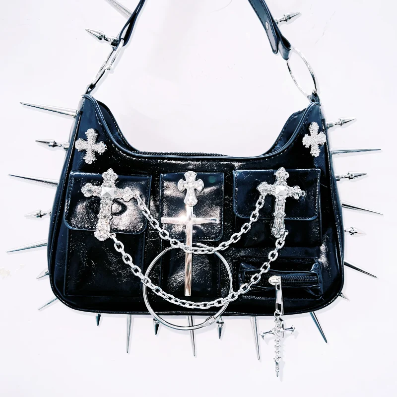 Rhinestone cross applique rivet zip-up handbag