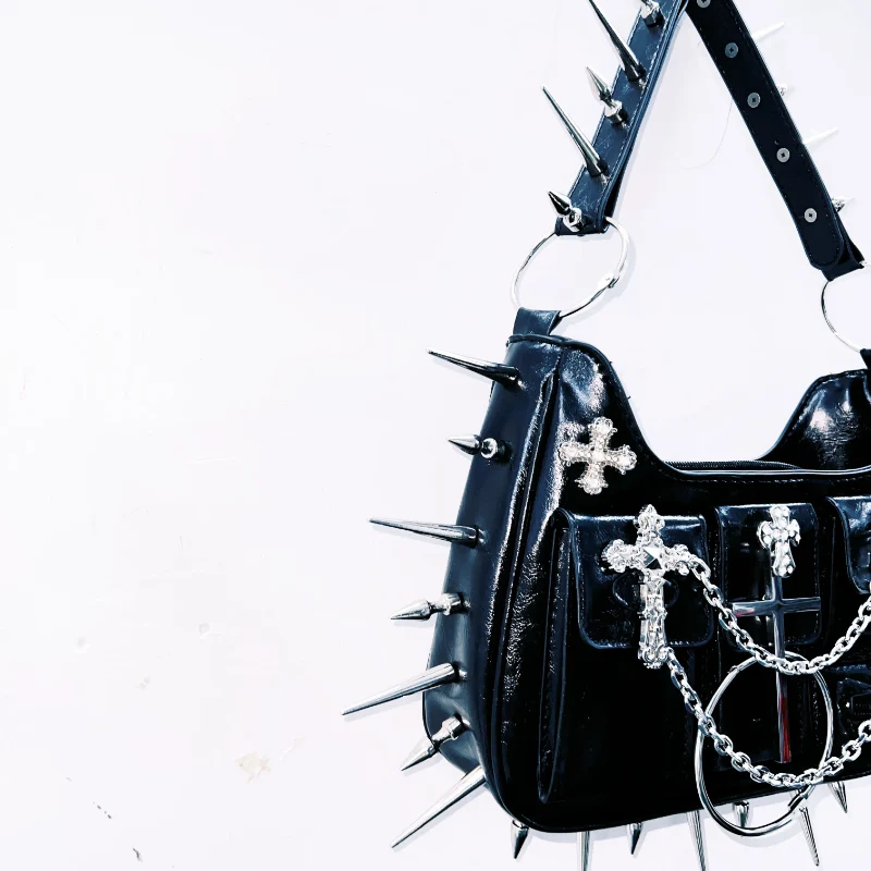 Rhinestone cross applique rivet zip-up handbag