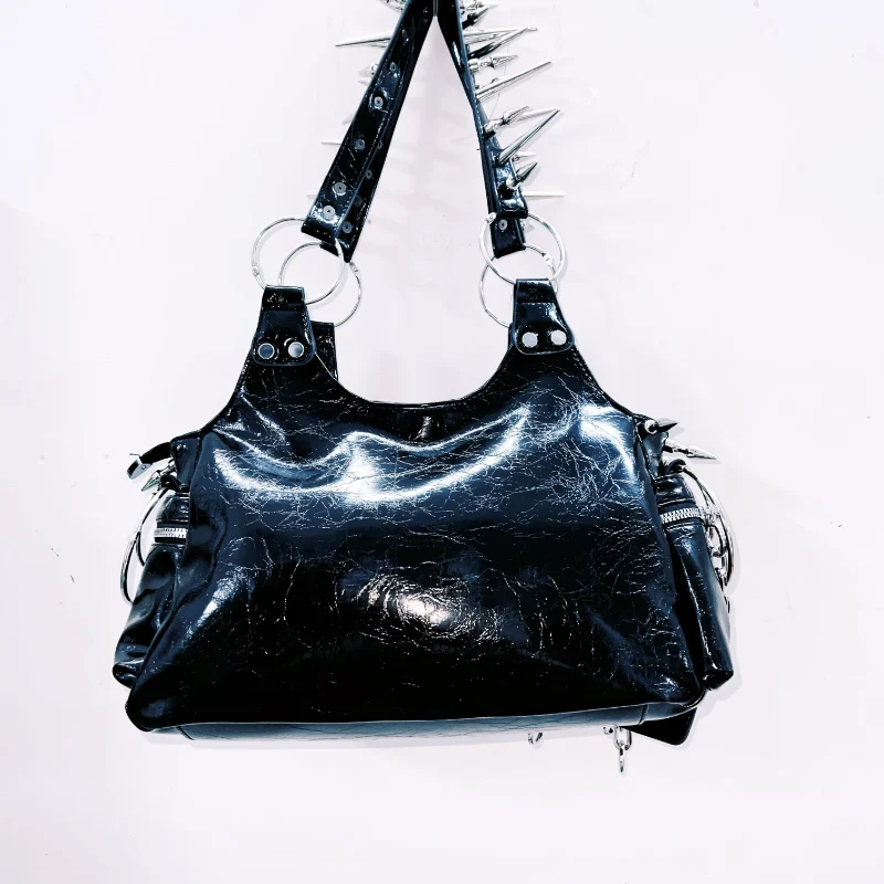 Metallic PU leather rivet handbag