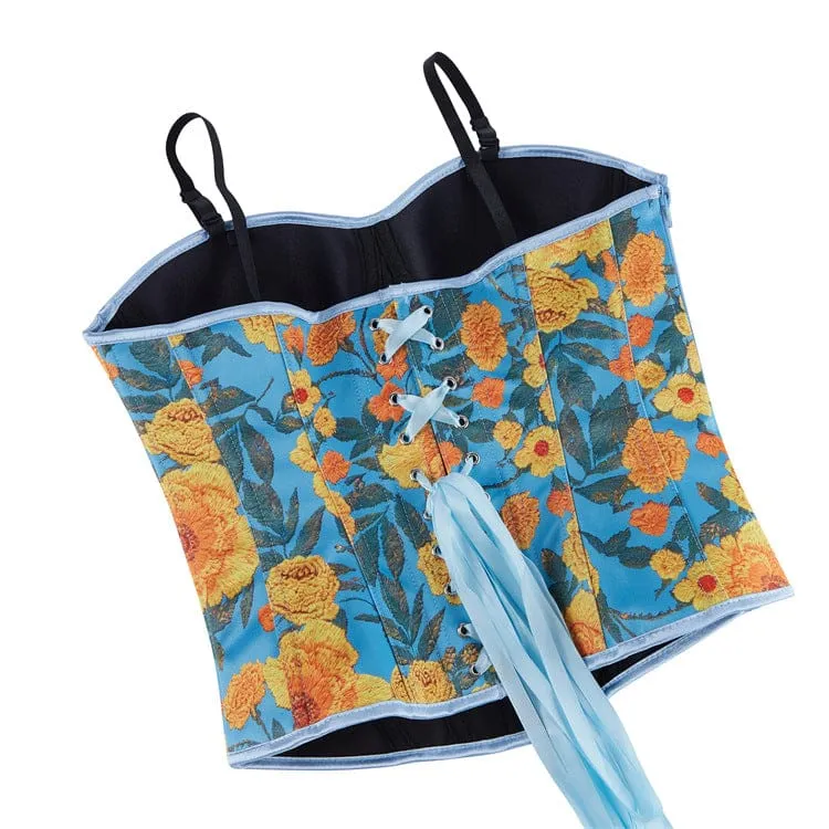 Gothic-Korsett für Damen mit Blumenmuster, seitlichem Reißverschluss und Schnürung über der Brust