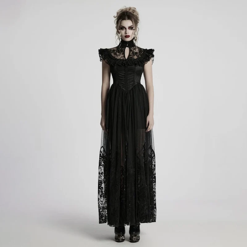 Gothic-Abendkleid mit Stehkragen und beflocktem Netzstoff für Damen, Hochzeitskleid
