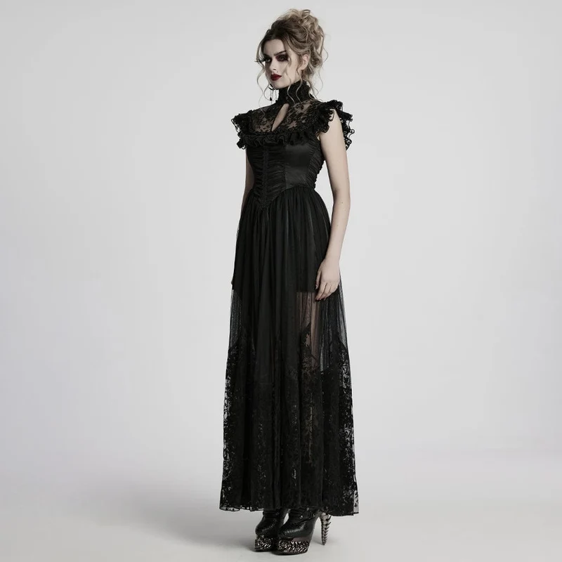 Gothic-Abendkleid mit Stehkragen und beflocktem Netzstoff für Damen, Hochzeitskleid