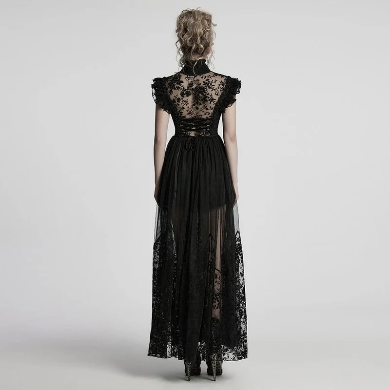 Gothic-Abendkleid mit Stehkragen und beflocktem Netzstoff für Damen, Hochzeitskleid