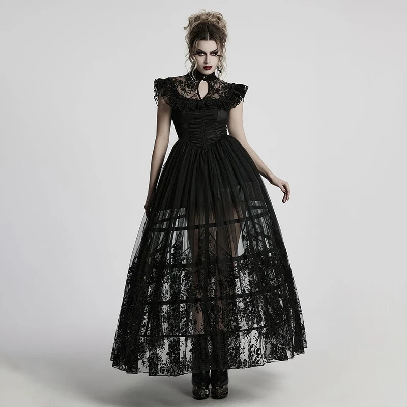 Gothic-Abendkleid mit Stehkragen und beflocktem Netzstoff für Damen, Hochzeitskleid