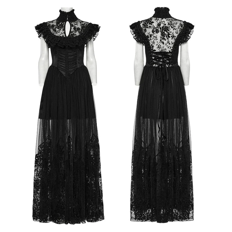 Gothic-Abendkleid mit Stehkragen und beflocktem Netzstoff für Damen, Hochzeitskleid