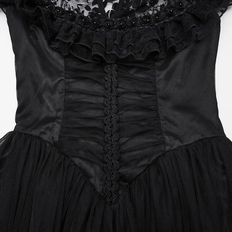 Gothic-Abendkleid mit Stehkragen und beflocktem Netzstoff für Damen, Hochzeitskleid