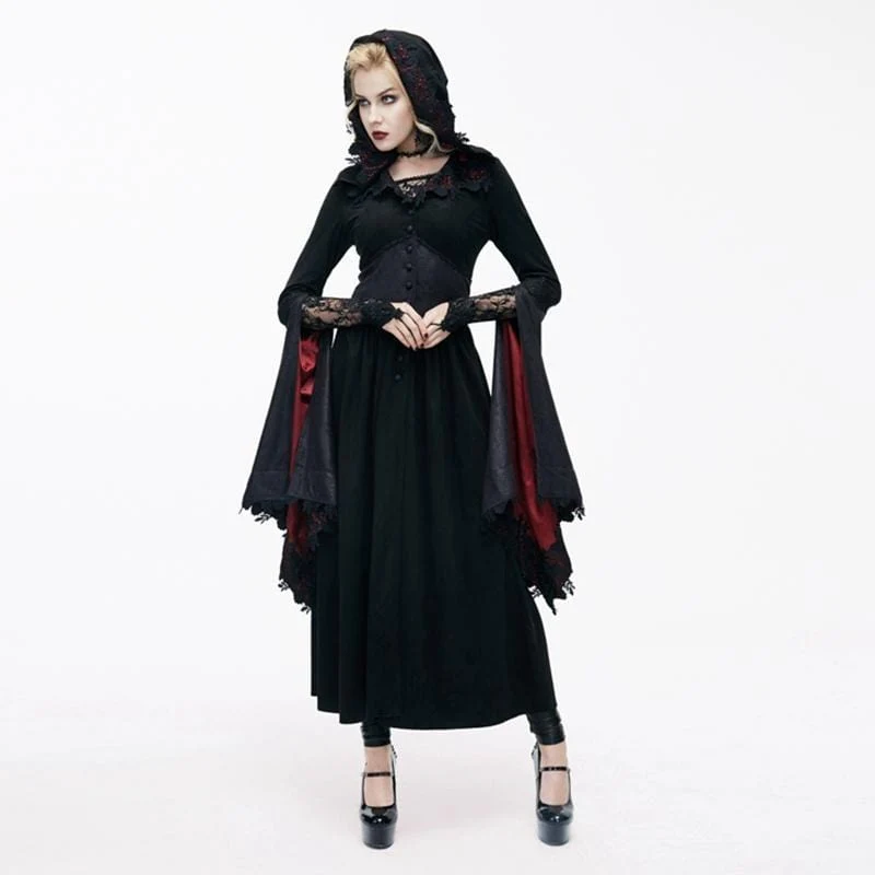 Damen Goth Knöchel Kleid Mit Kapuze und Engelsärmeln