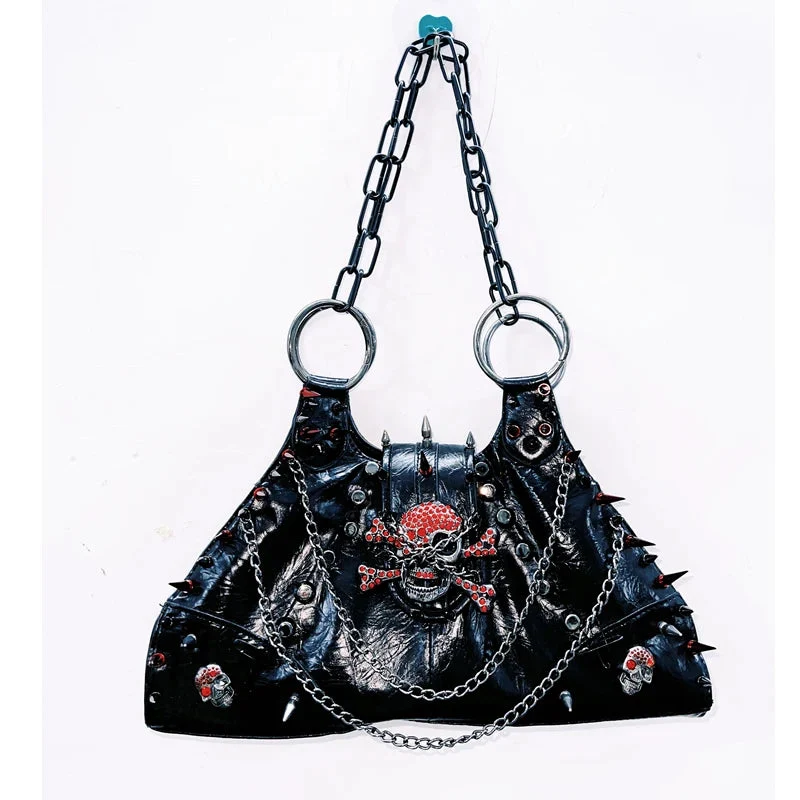 PU leather skull applique metal chain rivet handbag
