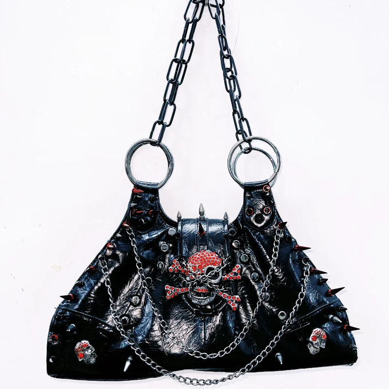 PU leather skull applique metal chain rivet handbag