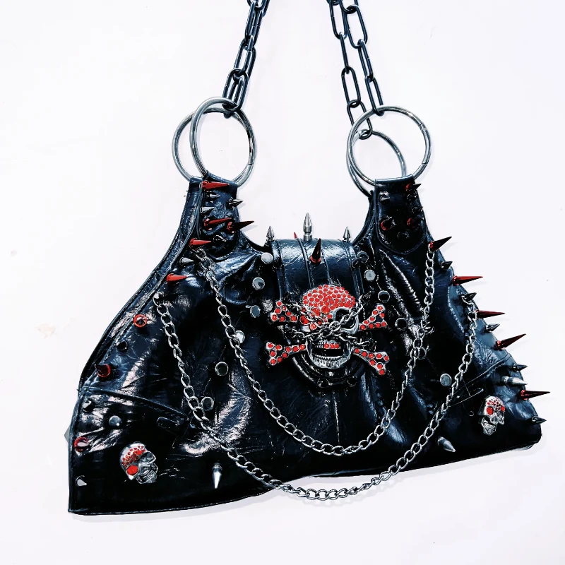PU leather skull applique metal chain rivet handbag