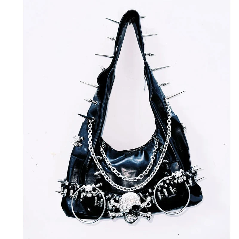 Rhinestone skull applique rivet handbag