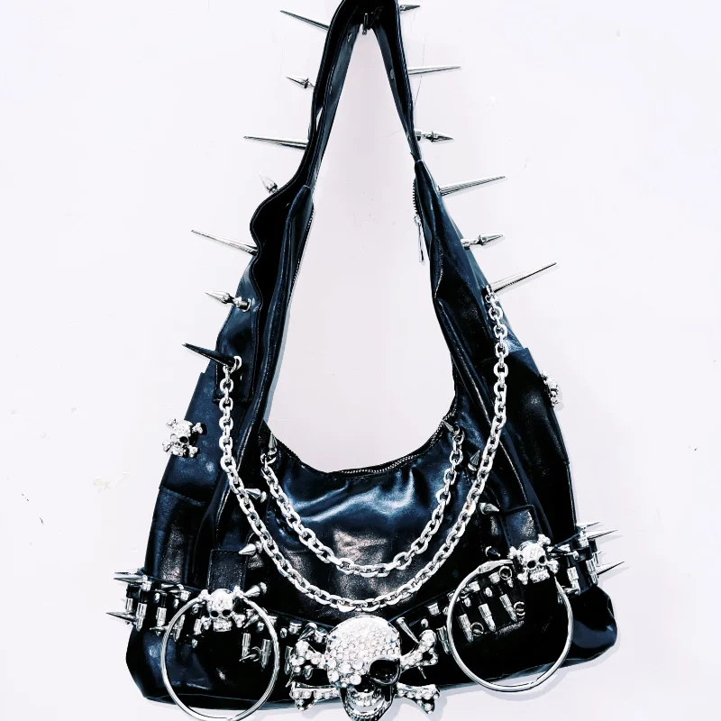 Rhinestone skull applique rivet handbag