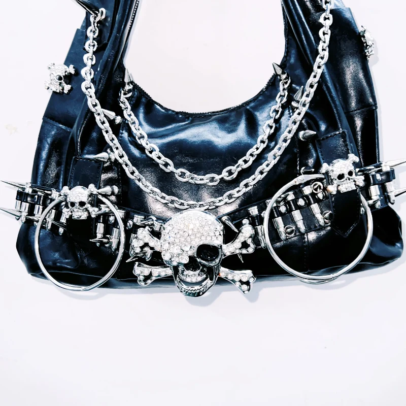 Rhinestone skull applique rivet handbag
