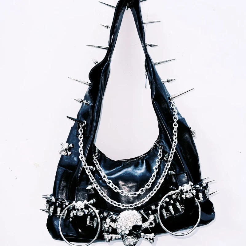 Rhinestone skull applique rivet handbag