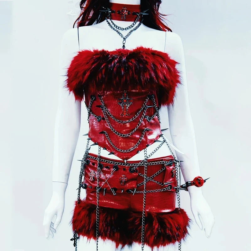 Metallic fluffy chain rivet PU leather top