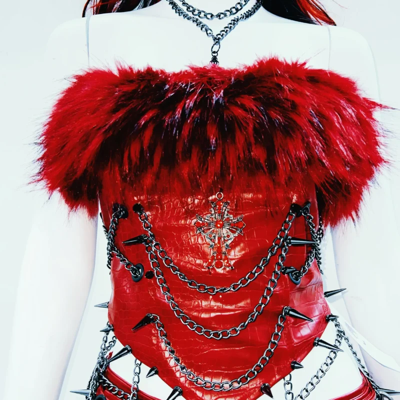 Metallic fluffy chain rivet PU leather top