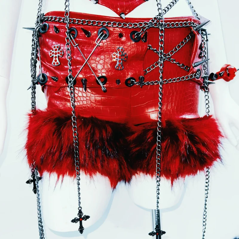 Metallic fluffy chain rivet PU leather top
