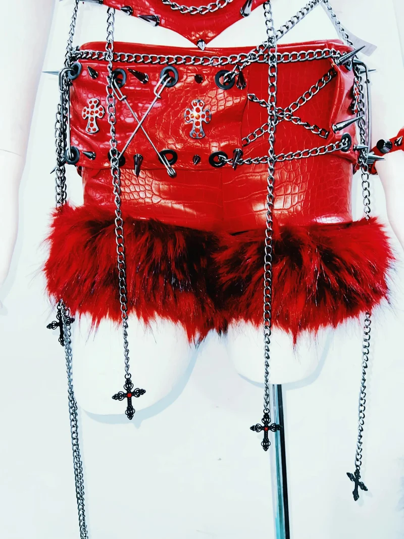 Metallic fluffy chain rivet PU leather top