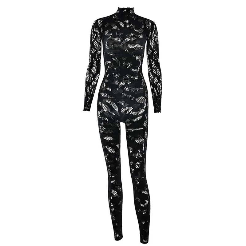 See through long sleeve cut out jumpsuit