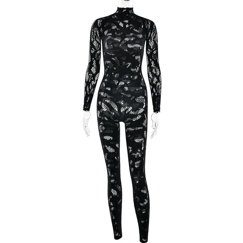 See through long sleeve cut out jumpsuit
