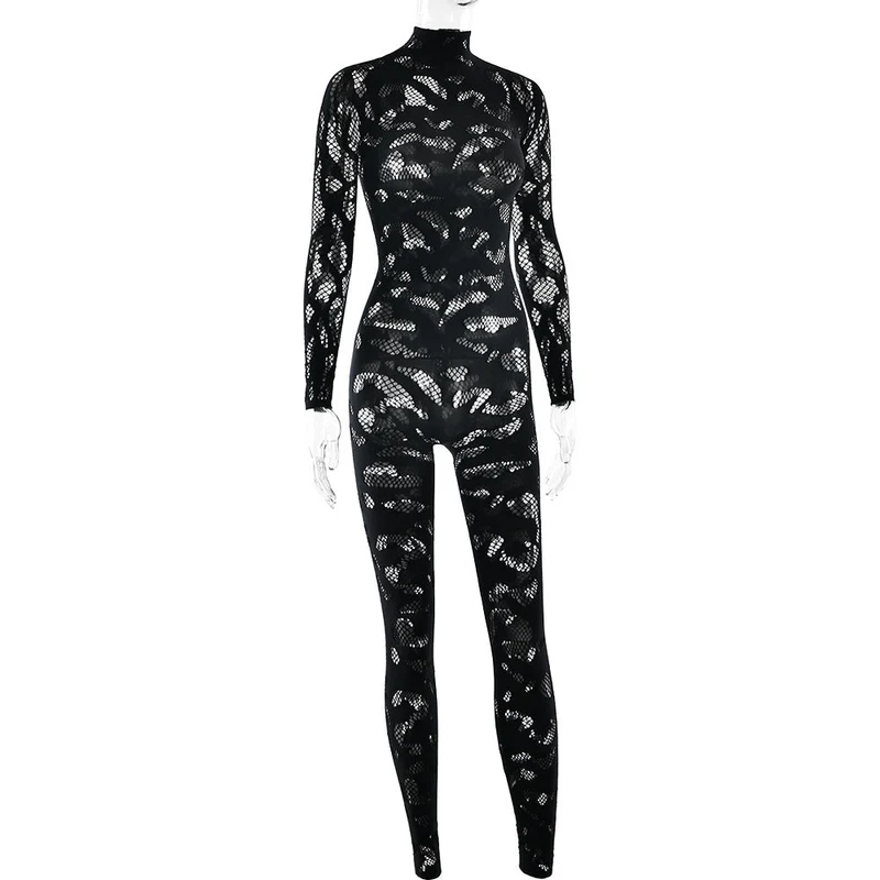 See through long sleeve cut out jumpsuit