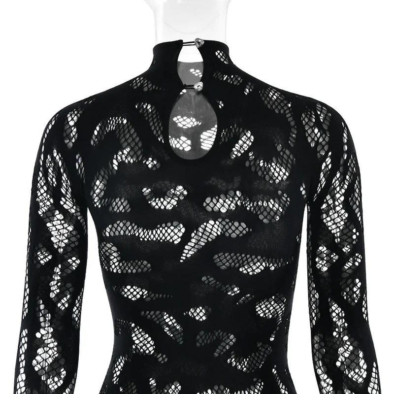 See through long sleeve cut out jumpsuit