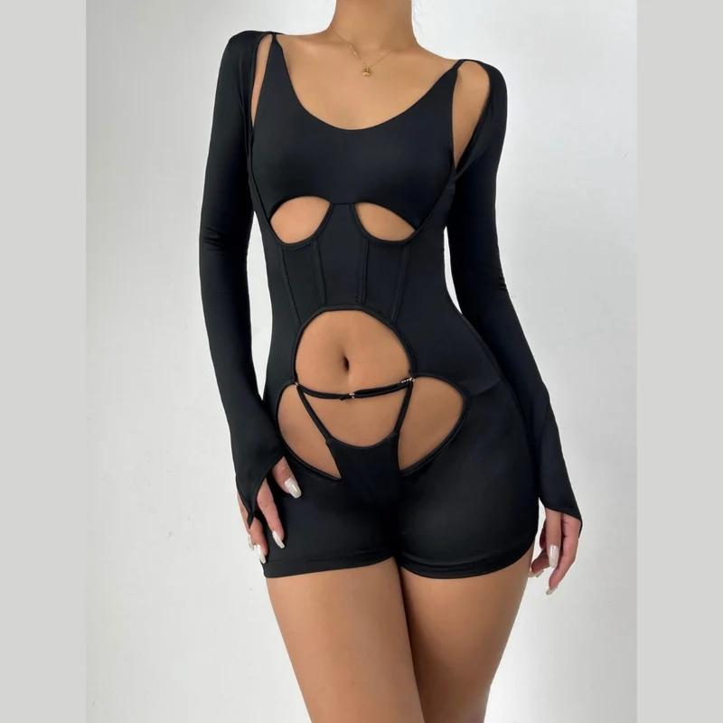Cut out long sleeve u neck gloves romper