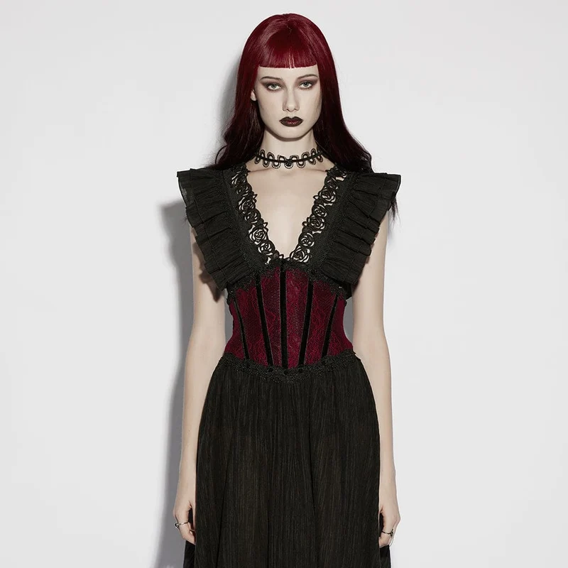 Rotes Gothic-Unterbrustkorsett für Damen mit Schnürung und Spitzenbesatz