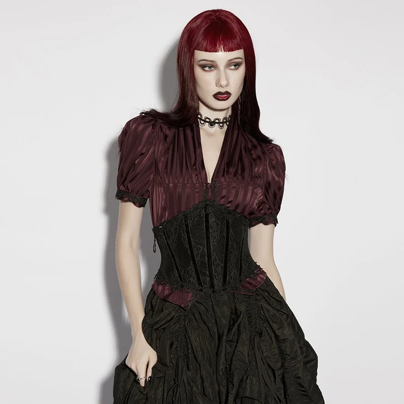 Schwarzes Gothic-Unterbrustkorsett für Damen mit Schnürung und Spitzenbesatz