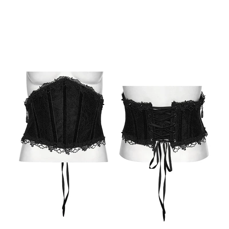 Schwarzes Gothic-Unterbrustkorsett für Damen mit Schnürung und Spitzenbesatz