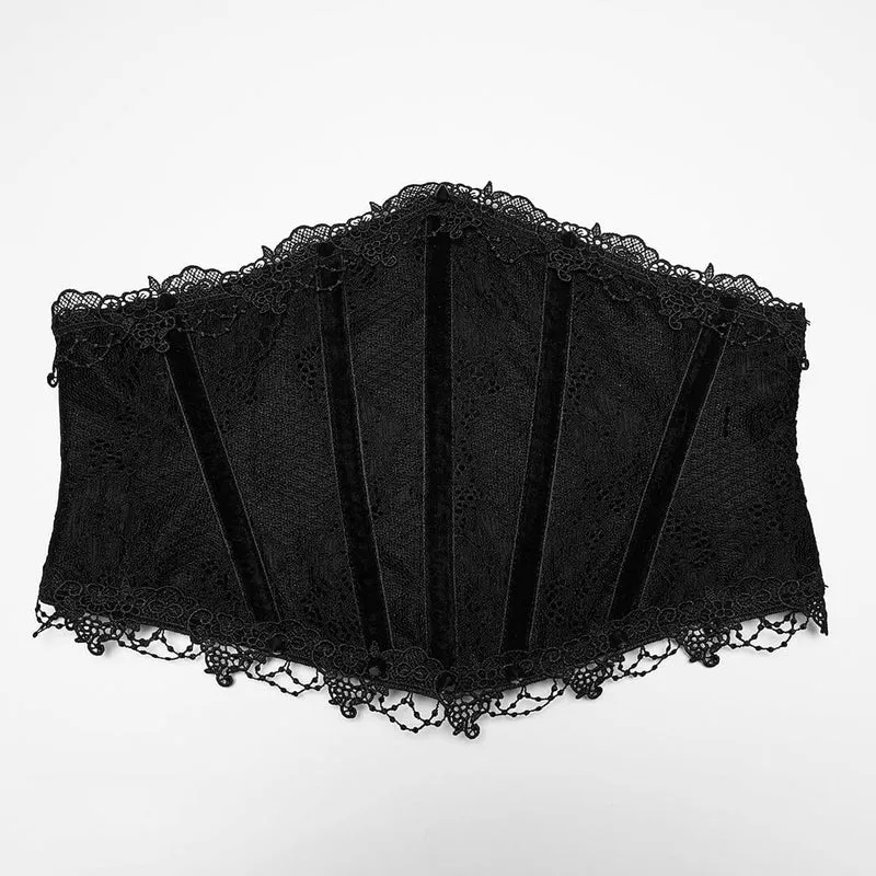 Schwarzes Gothic-Unterbrustkorsett für Damen mit Schnürung und Spitzenbesatz
