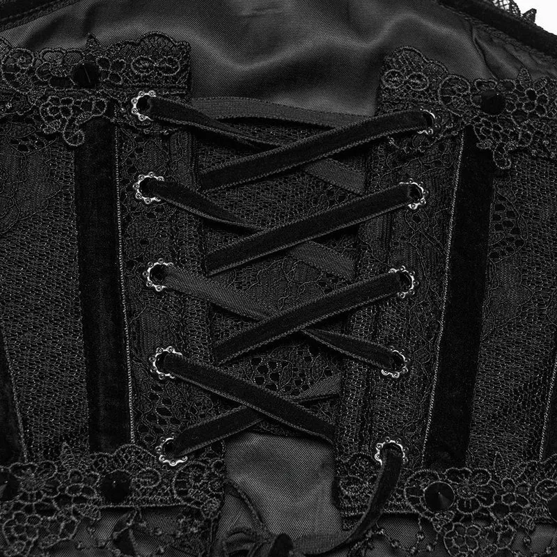 Schwarzes Gothic-Unterbrustkorsett für Damen mit Schnürung und Spitzenbesatz