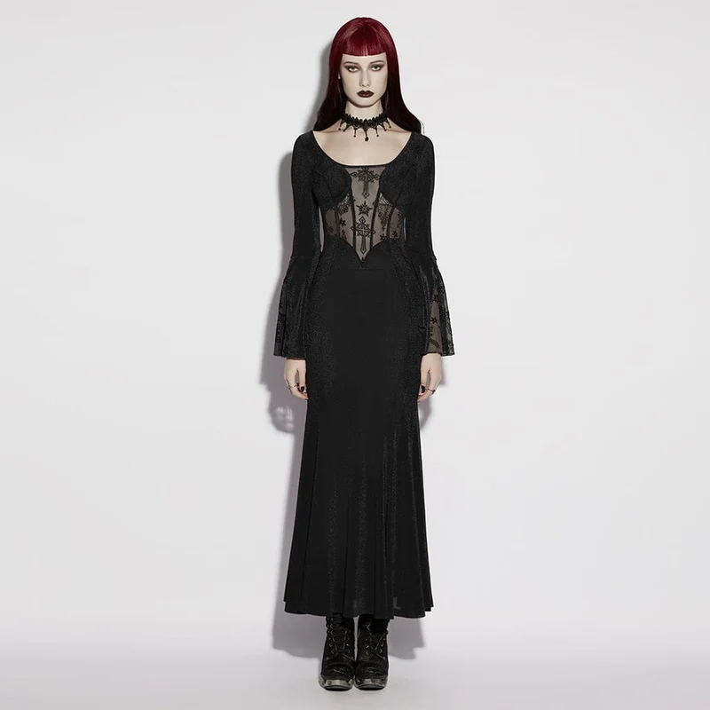 Schwarzes Gothic-Kleid für Damen mit eckigem Kragen, ausgestellten Ärmeln und Kreuzmuster – perfekt für den Schulabschluss