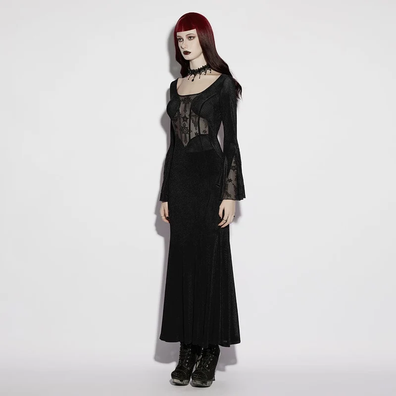 Schwarzes Gothic-Kleid für Damen mit eckigem Kragen, ausgestellten Ärmeln und Kreuzmuster – perfekt für den Schulabschluss