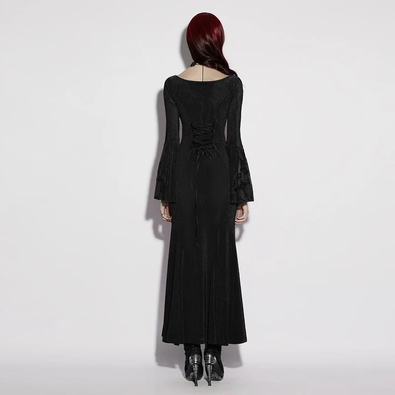 Schwarzes Gothic-Kleid für Damen mit eckigem Kragen, ausgestellten Ärmeln und Kreuzmuster – perfekt für den Schulabschluss
